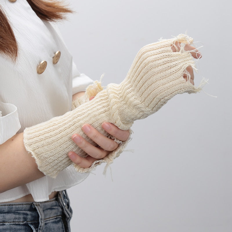 Gothic Grunge Knitted Tattered Arm Warmer Fingerless Gloves