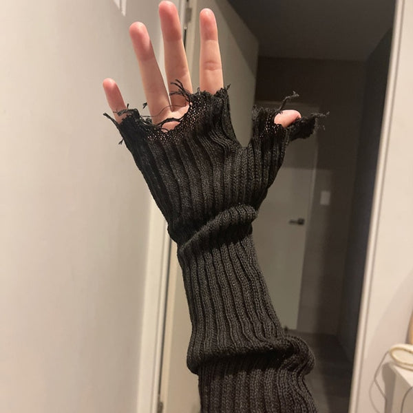 Gothic Grunge Knitted Tattered Arm Warmer Fingerless Gloves
