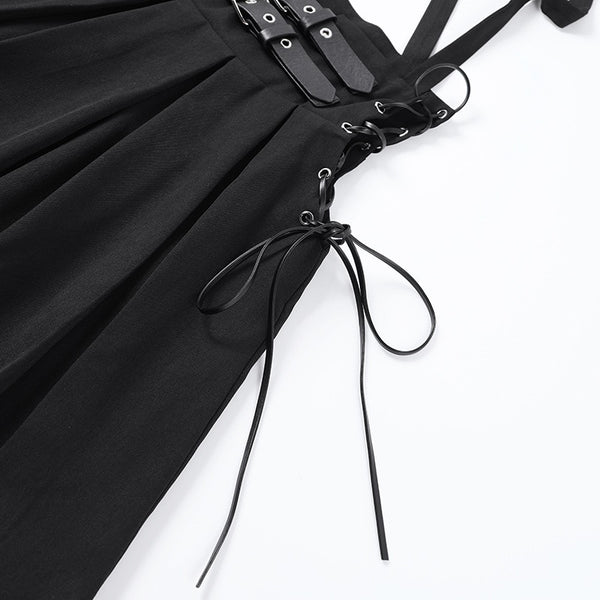 Gothic 90's Double Buckle High Waist Suspender Pleated Skirt