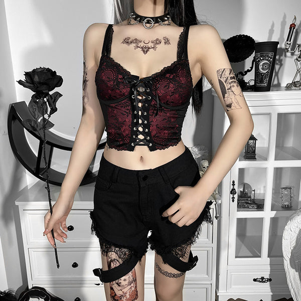 Gothic Black Red Lace Patchwork Lace Up Camis Top