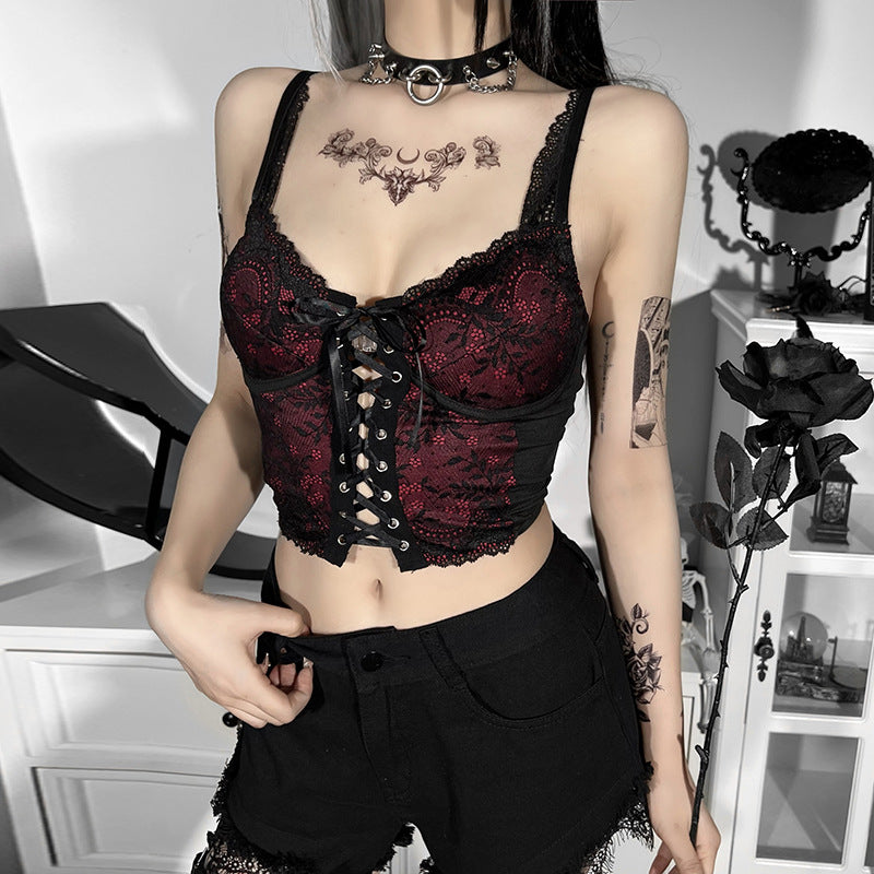 Gothic Black Red Lace Patchwork Lace Up Camis Top – ROCK 'N DOLL