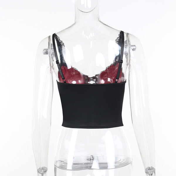 Gothic Black Red Lace Patchwork Lace Up Camis Top