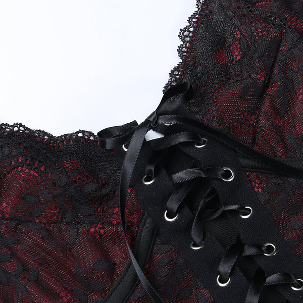 Gothic Black Red Lace Patchwork Lace Up Camis Top