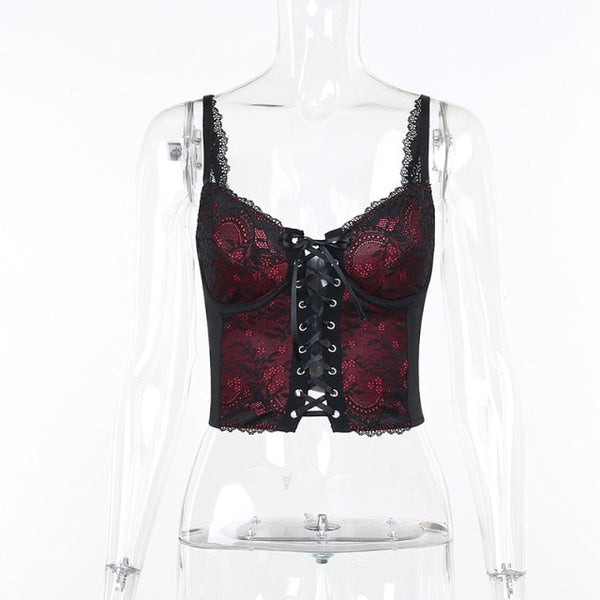 Gothic Black Red Lace Patchwork Lace Up Camis Top