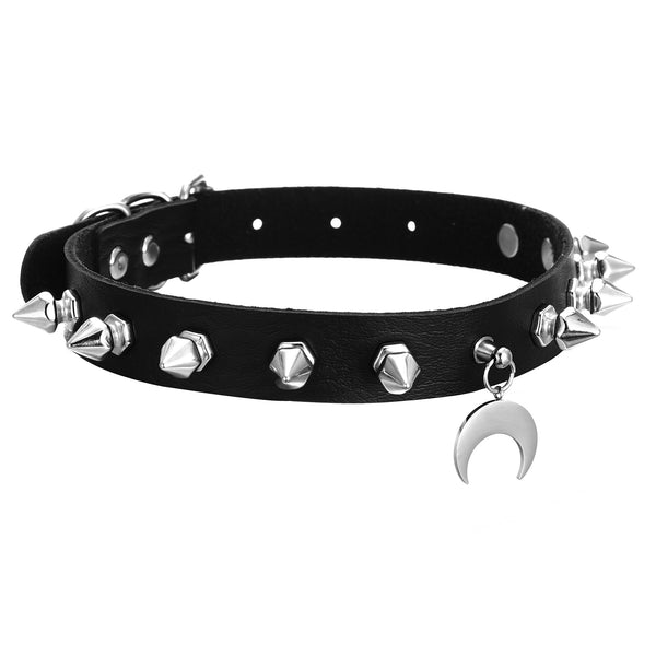 Gothic Punk Black Crescent Moon Studded Choker Necklace (available in 5 colors)
