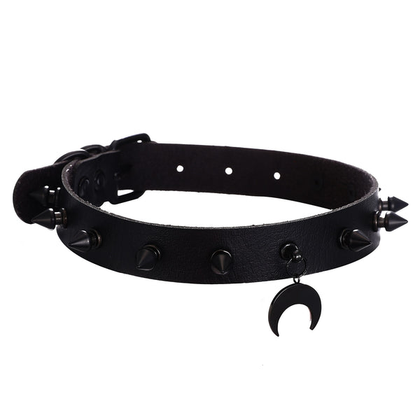 Gothic Punk Black Crescent Moon Studded Choker Necklace (available in 5 colors)