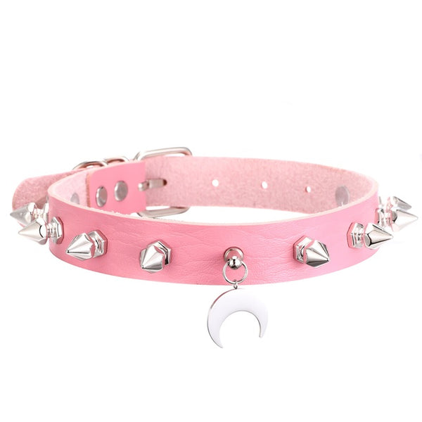 Gothic Punk Black Crescent Moon Studded Choker Necklace (available in 5 colors)