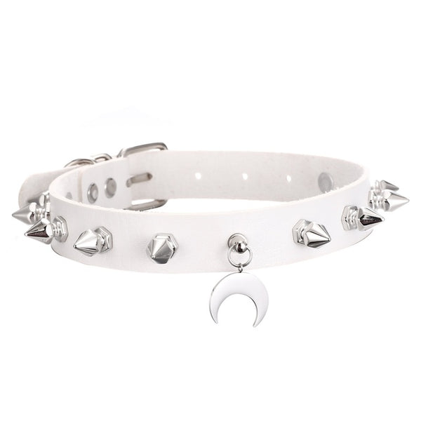 Gothic Punk Black Crescent Moon Studded Choker Necklace (available in 5 colors)