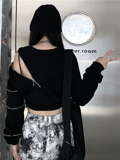 Gothic Punk Zipper Long Sleeve Crop Top