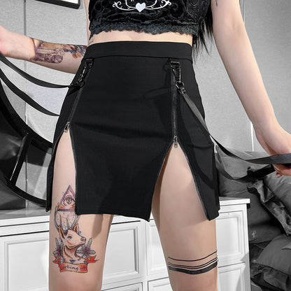 Gothic Punk Double Slit Straps Mini Skirt