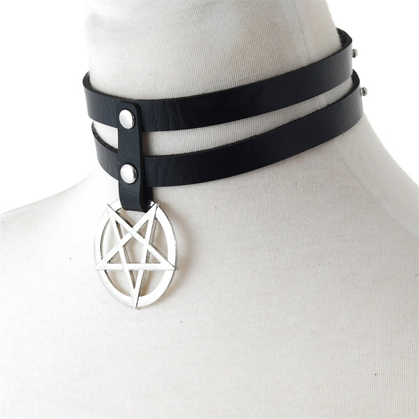 Gothic Double Strap Pentagram Witch Collar Choker Necklace