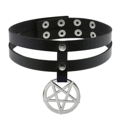 Gothic Double Strap Pentagram Witch Collar Choker Necklace