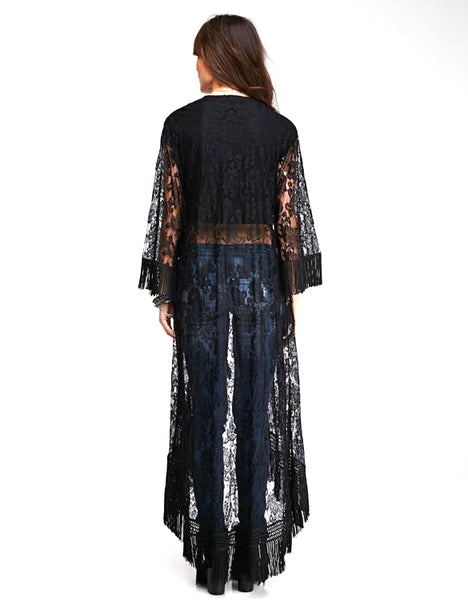 Gothic Wiccan Bohemian Boho Black Lace Tassel Kimono Cardigan