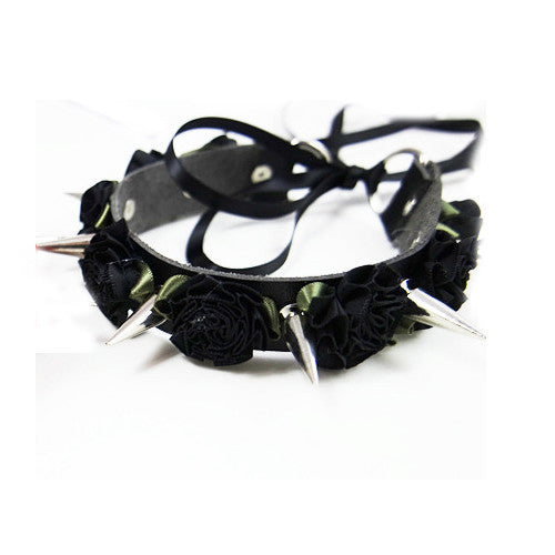 Gothic Punk Lolita Harajuku Flower Spikes Leather Collar Choker Necklace