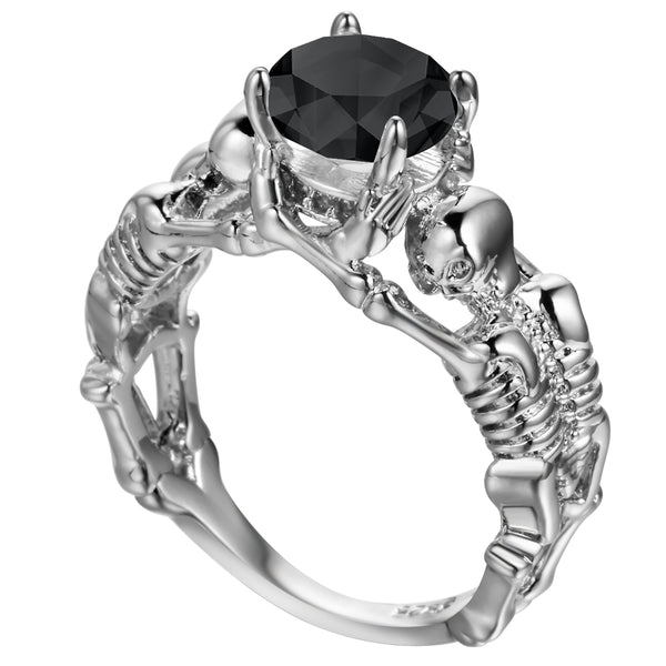 Gothic Stone Skeleton Skull Black Plated Ring
