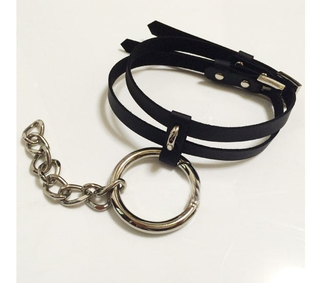 BDSM Silver O-Ring Caged Leather Choker Collar Necklace