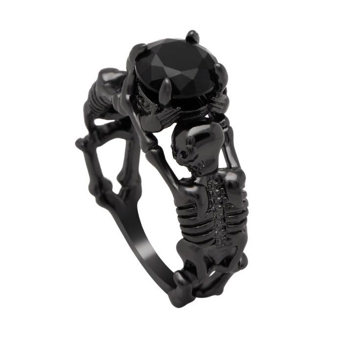 Gothic Stone Skeleton Skull Black Plated Ring