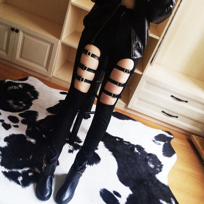 Gothic Punk PU Leather Buckle Hollow Out Skinny Pants