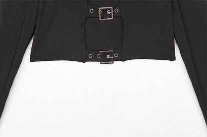 Gothic Buckle Hollow Out Front Long Sleeve Crop Top