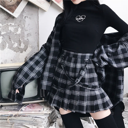 Gothic Grunge Black Gray Plaid Pleated Skirt
