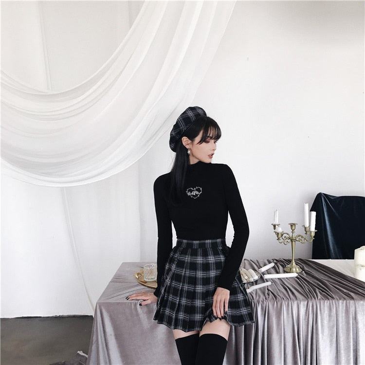 Gothic Grunge Black Gray Plaid Pleated Skirt