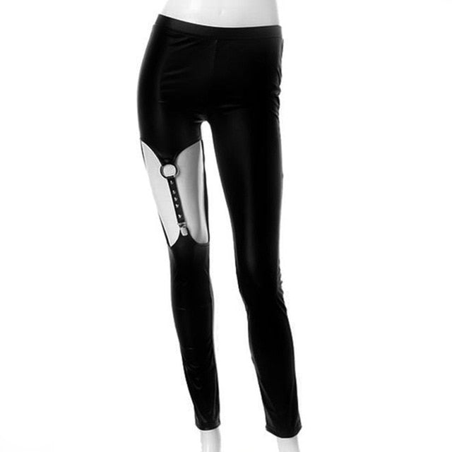 Gothic Hollow Out Leather Strap Rivet Leggings Pants