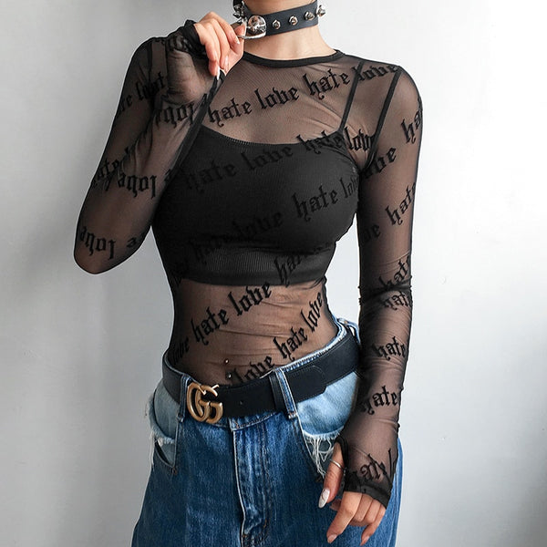 Gothic Grunge LOVE HATE Mesh Top