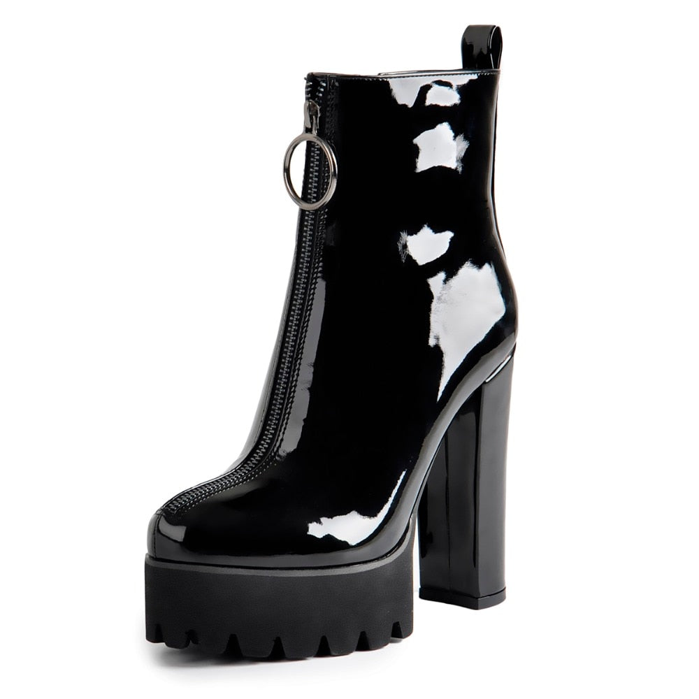 Gothic O-Ring Zipper Patent Leather Platform Boots