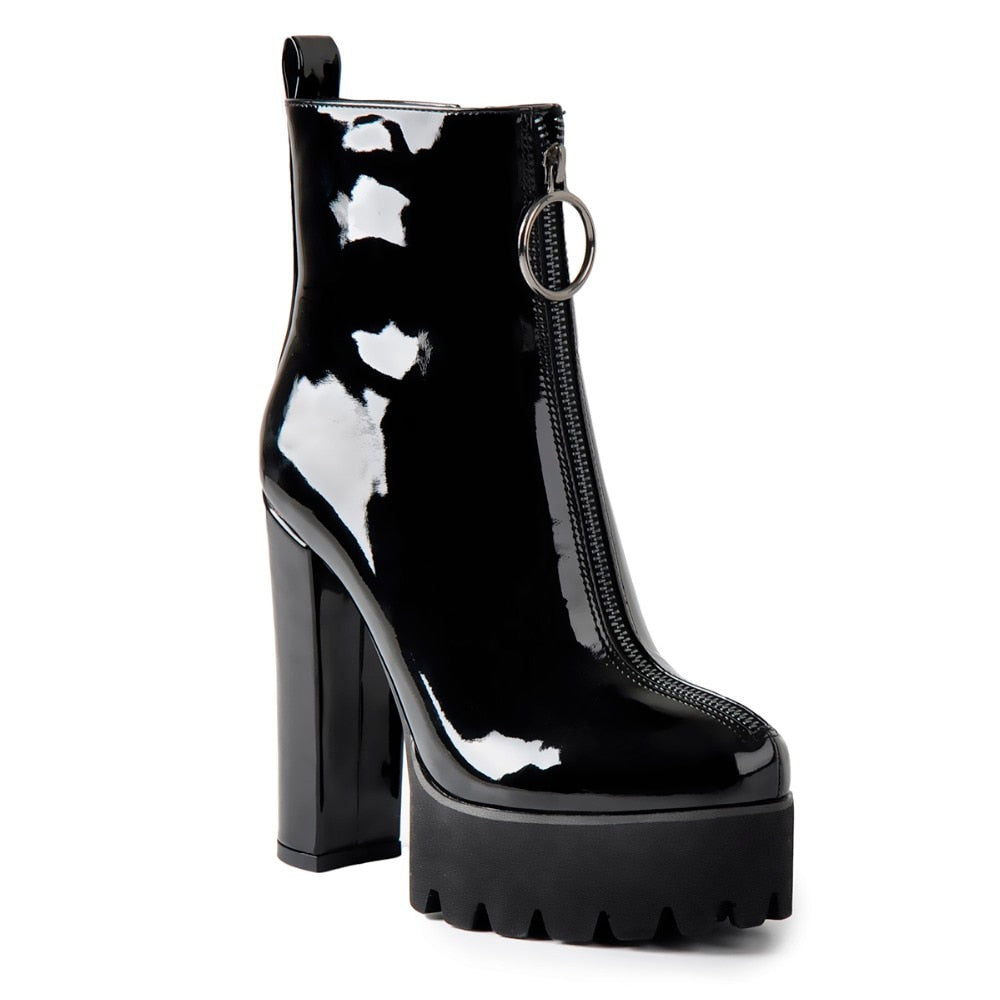 Gothic O-Ring Zipper Patent Leather Platform Boots
